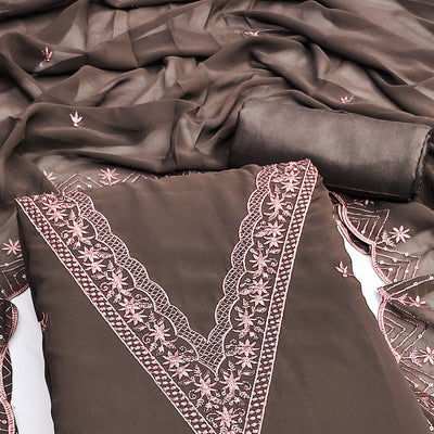 Brown Floral Embroidered Georgette Dress Material