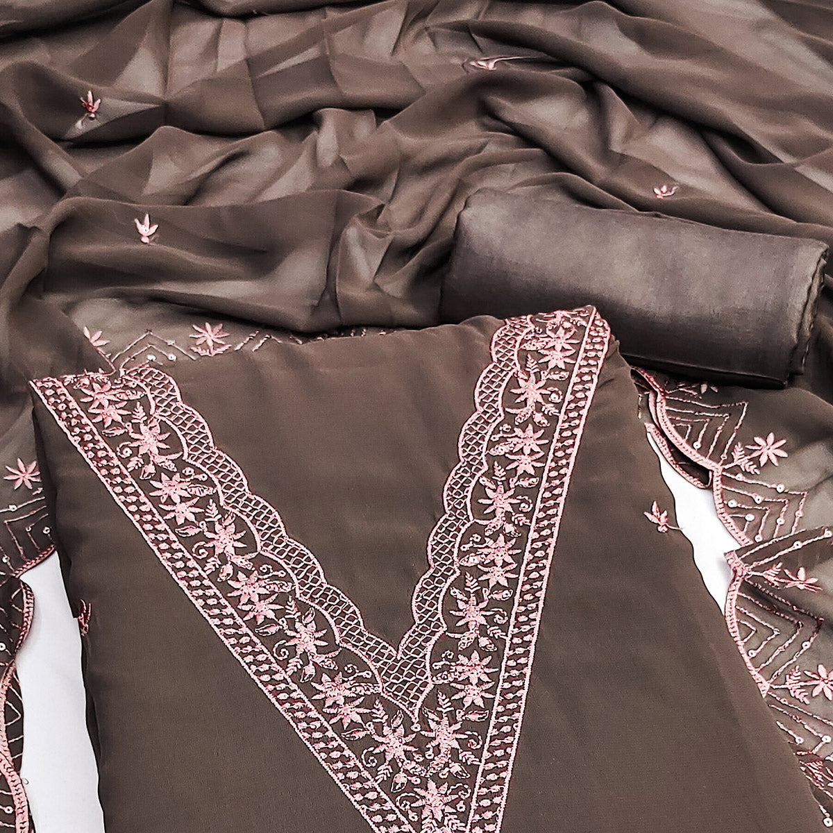 Brown Floral Embroidered Georgette Dress Material