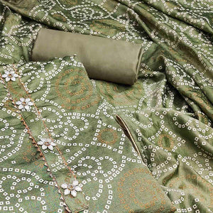 Mehandi Green Bandhani Printed Vichitra Silk Dress Material