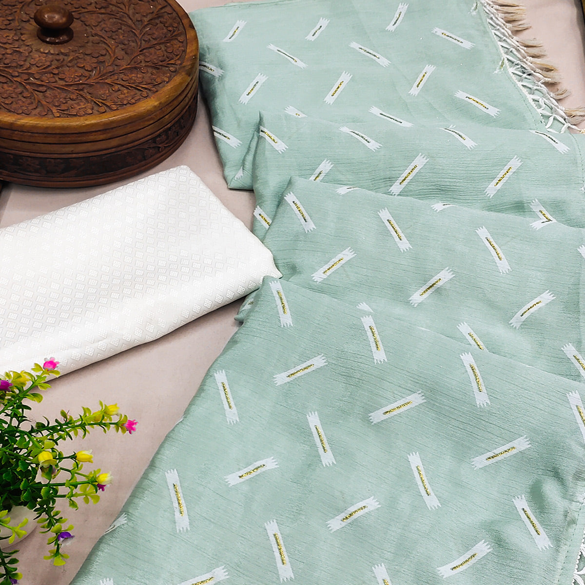 Light Green Printed Chiffon Saree With Tassels