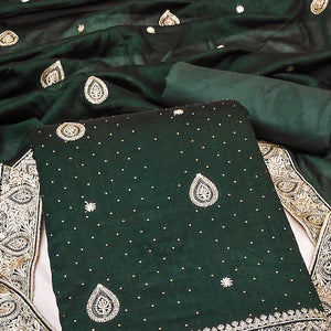 Bottle Green Embroidered Vichitra Silk Dress Material