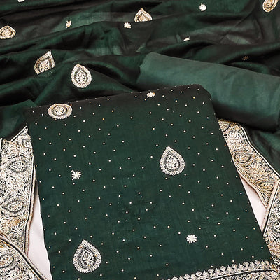 Bottle Green Embroidered Vichitra Silk Dress Material