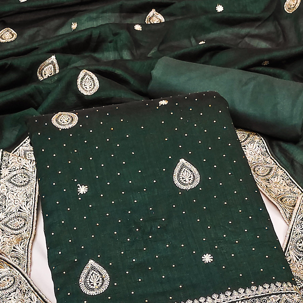 Bottle Green Embroidered Vichitra Silk Dress Material