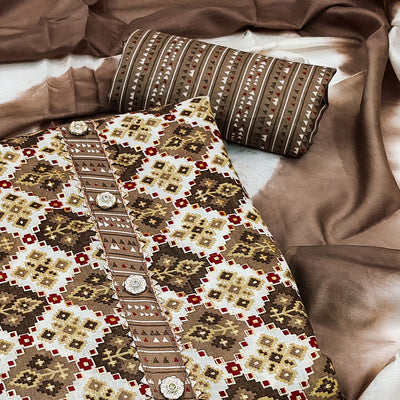 Brown Foil Printed Cotton Blend Dress Material