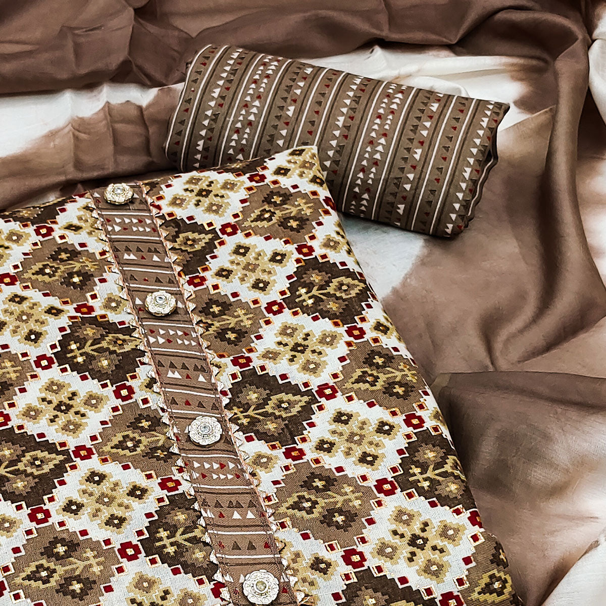 Brown Foil Printed Cotton Blend Dress Material