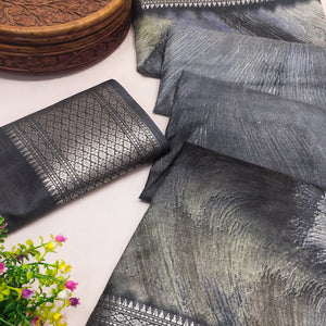 Grey Printed Dola Silk Saree With Zari Border