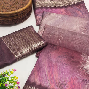 Mauve Printed Dola Silk Saree With Zari Border