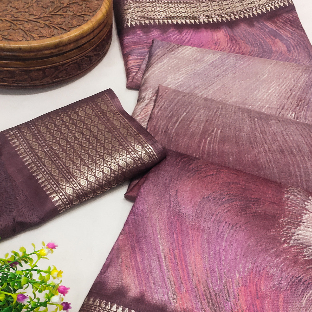 Mauve Printed Dola Silk Saree With Zari Border