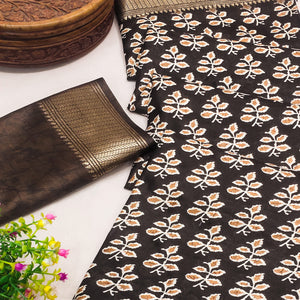 Brown Floral Printed Dola Silk Saree