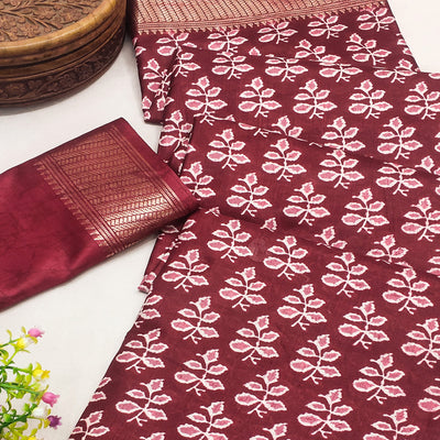 Maroon Floral Printed Dola Silk Saree