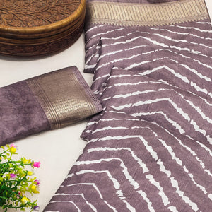 Mauve Leheriya Printed Dola Silk Saree With Zari Border