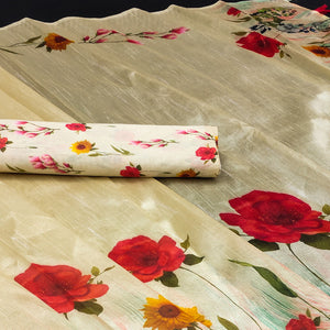 Chikoo Floral Digital Printed Assam Silk Saree With Tassels