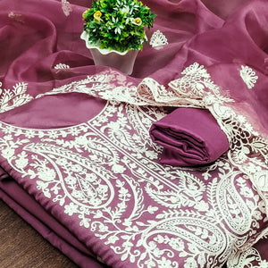 Mauve Floral Embroidered Viscose Dress Material