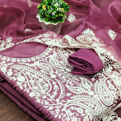 Mauve Floral Embroidered Viscose Dress Material