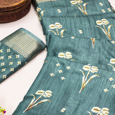 Dusty Turquoise Floral Printed Dola Silk Saree