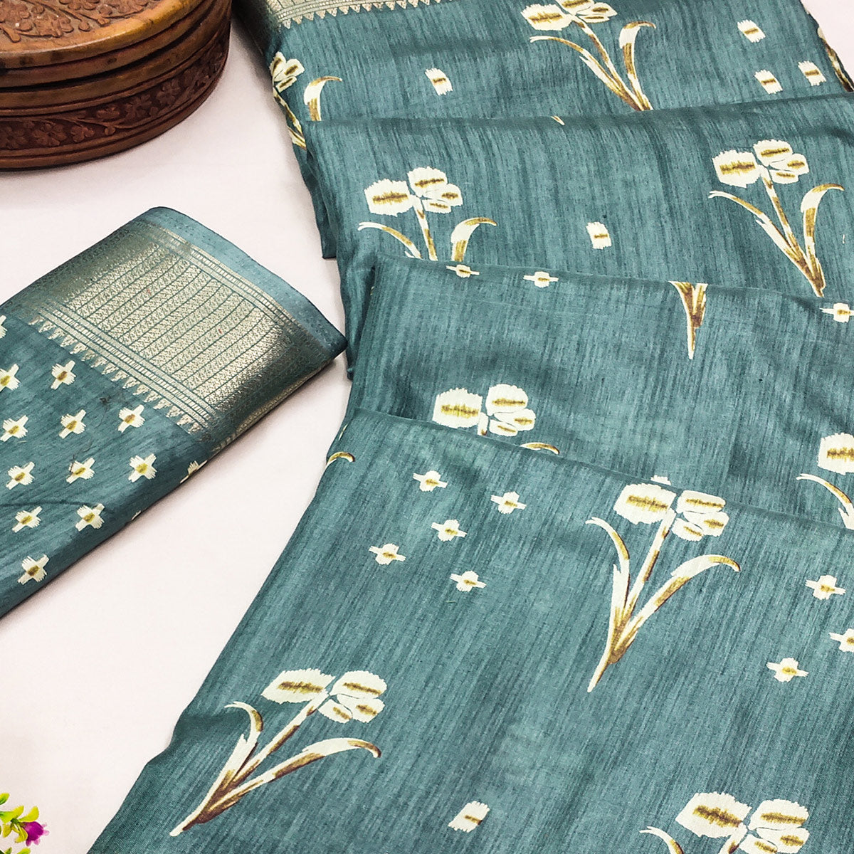 Dusty Turquoise Floral Printed Dola Silk Saree