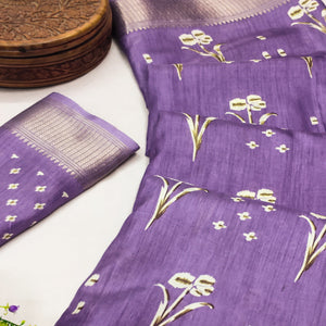 Lavender Floral Printed Dola Silk Saree