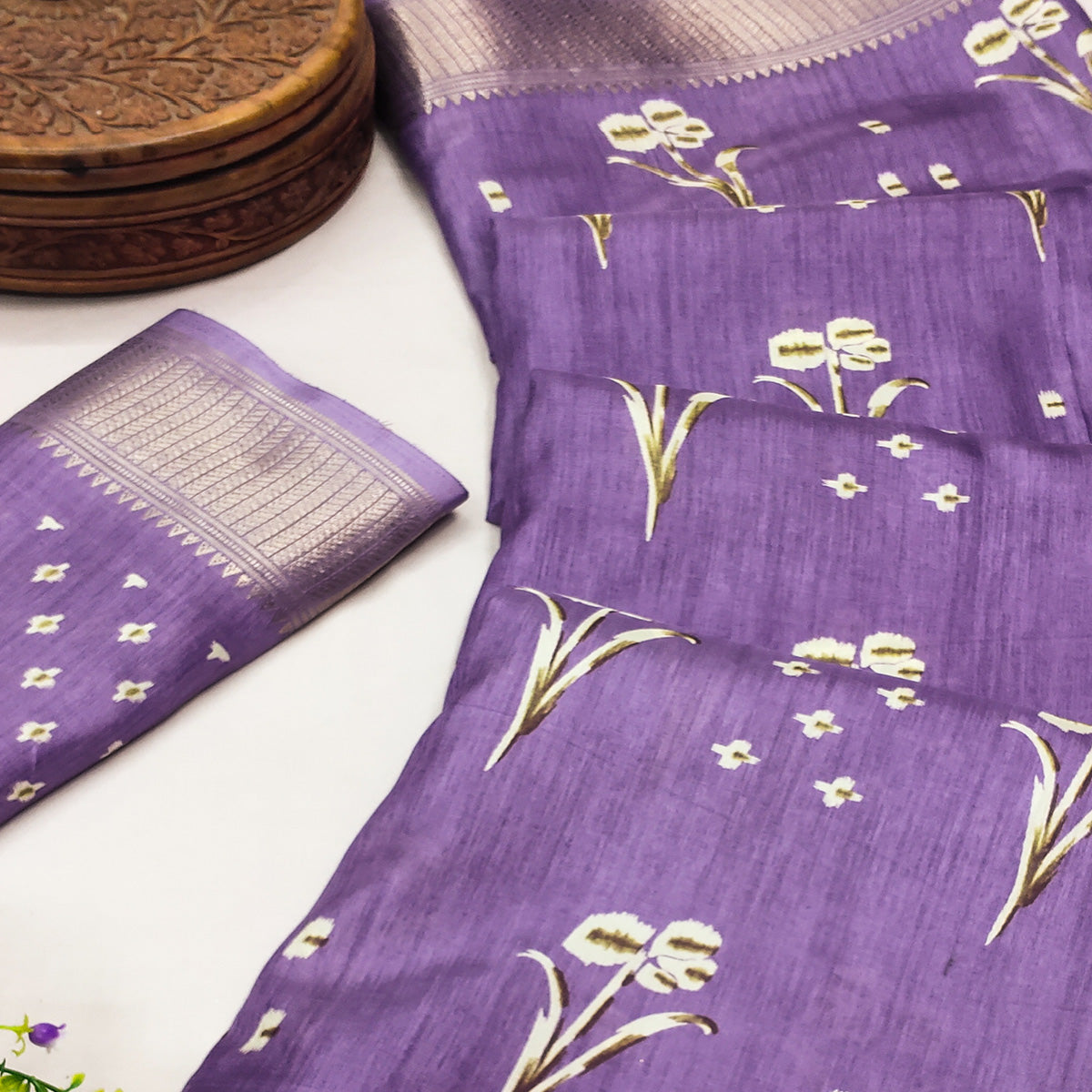 Lavender Floral Printed Dola Silk Saree