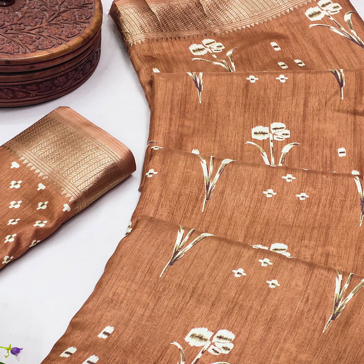 Light Brown Floral Printed Dola Silk Saree