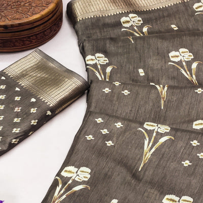 Light Coffee Floral Printed Dola Silk Saree