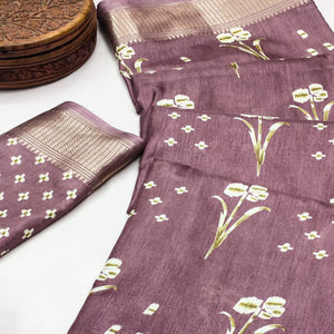 Mauve Floral Printed Dola Silk Saree