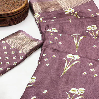 Mauve Floral Printed Dola Silk Saree