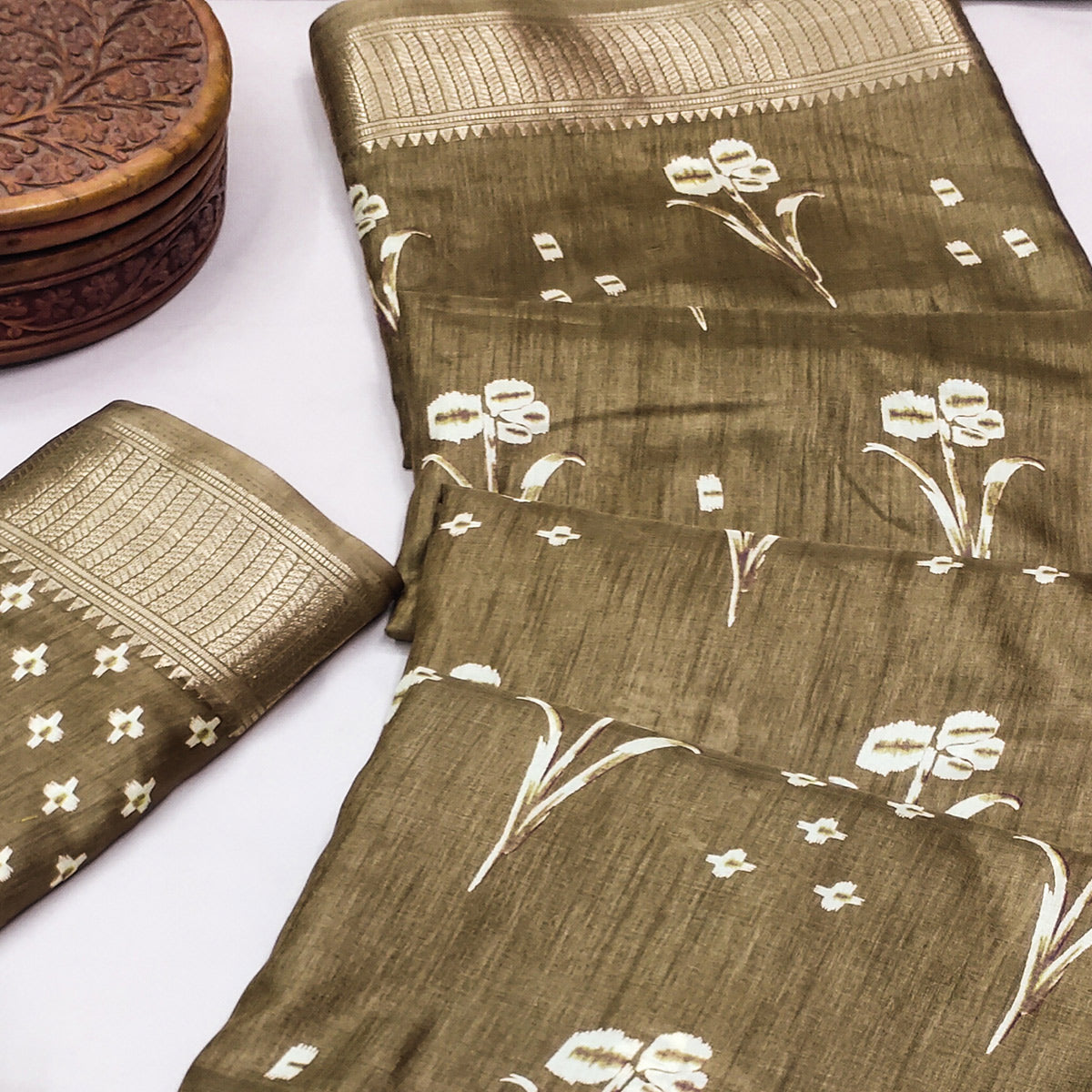 Mehandi Green Floral Printed Dola Silk Saree