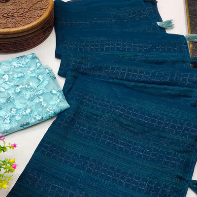 Blue Woven Art Silk Saree With Tassels