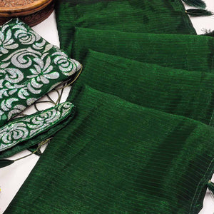 Dark Green Striped Woven Art Silk Saree With Tassels