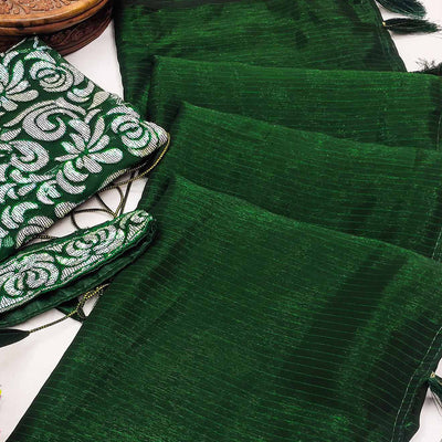 Dark Green Striped Woven Art Silk Saree With Tassels