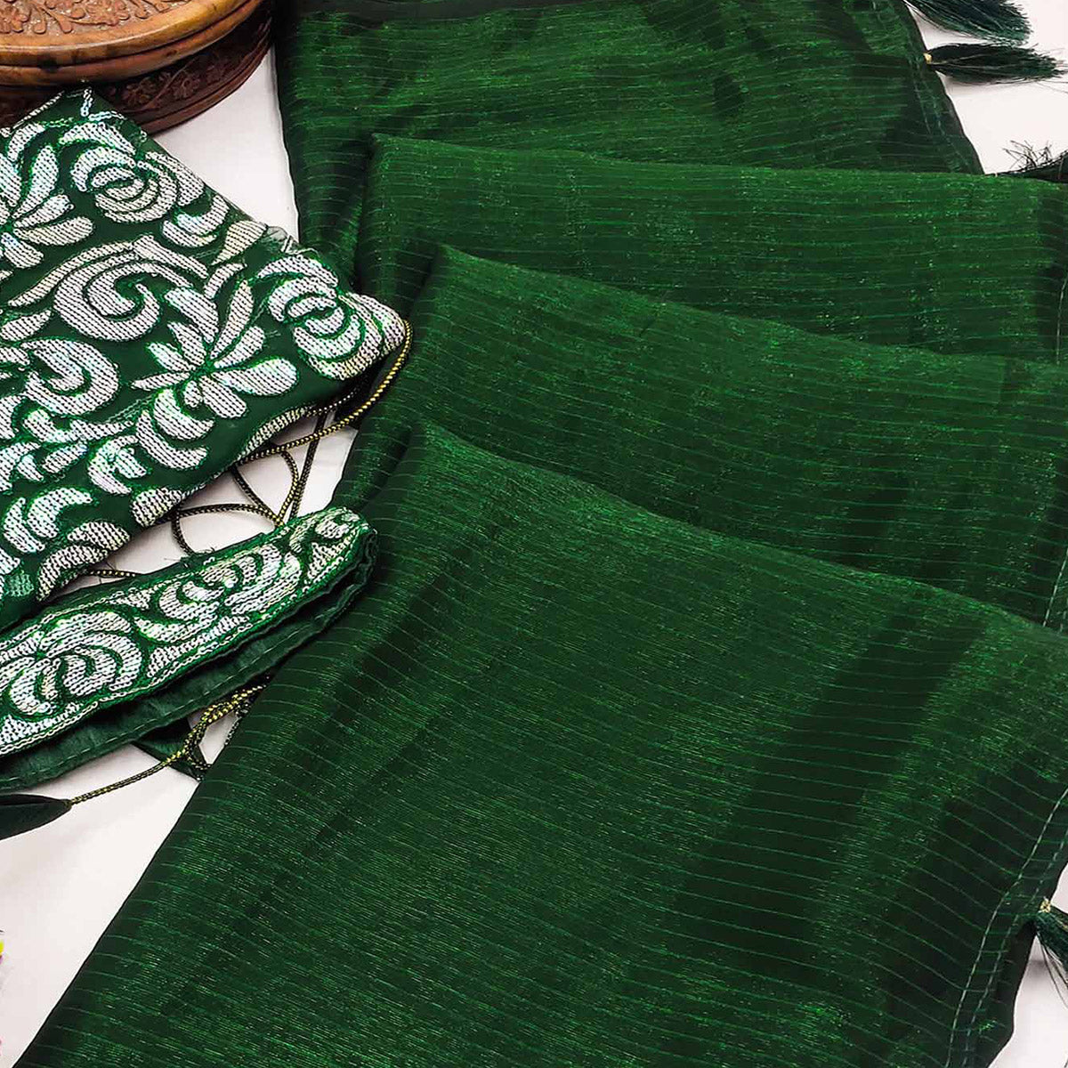 Dark Green Striped Woven Art Silk Saree With Tassels