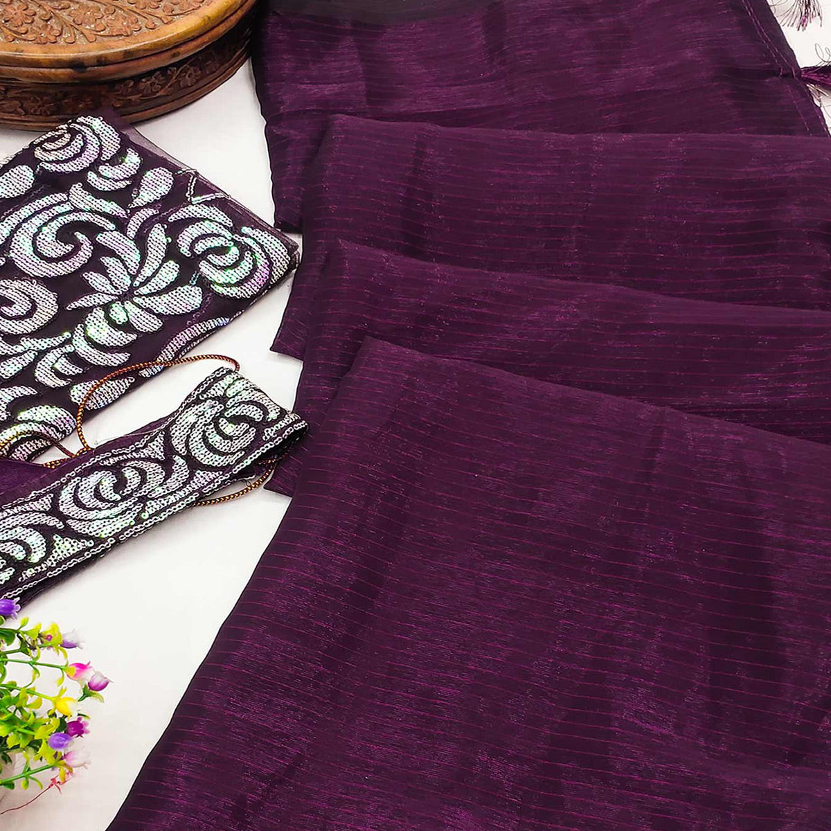 Dark Purple Striped Woven Art Silk Saree With Tassels