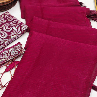 Magenta Striped Woven Art Silk Saree With Tassels