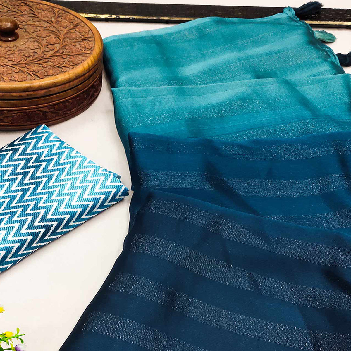 Blue Woven Art Silk Saree With Tassels
