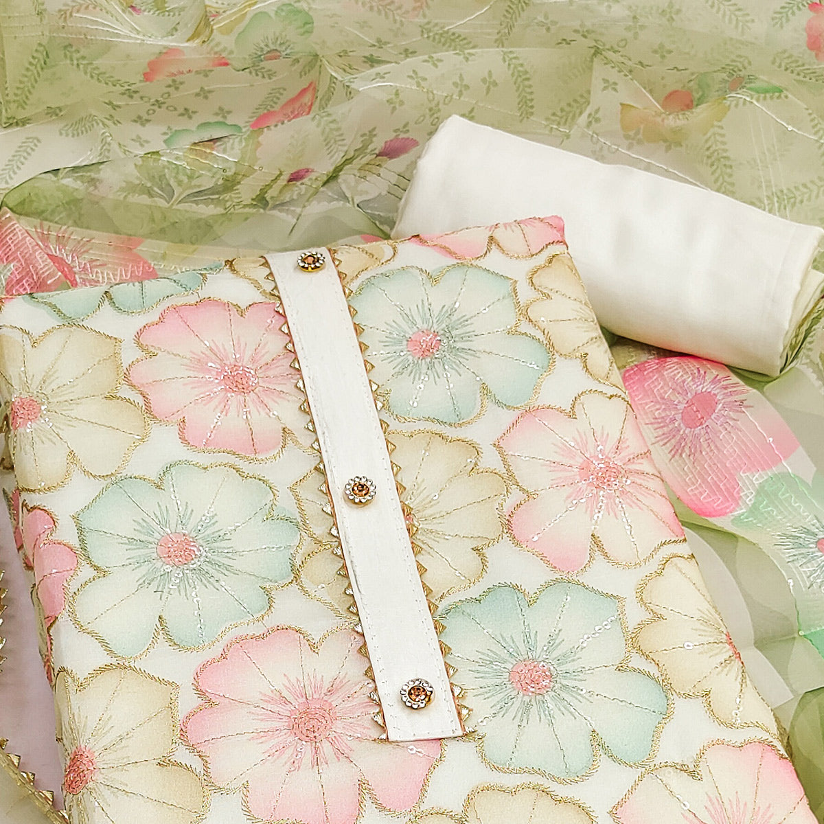 Cream Floral Printed Organza Dress Material