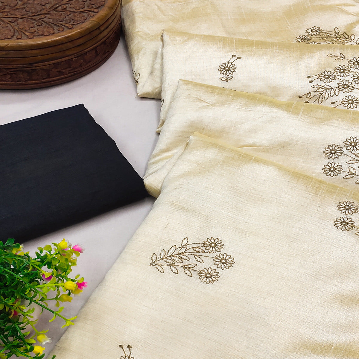 Cream Embroidered Assam Silk Saree