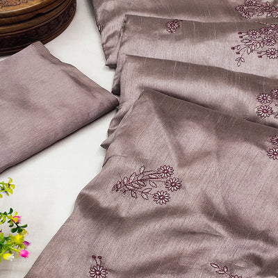 Brown Floral Embroidered Art Silk Saree With Tassels