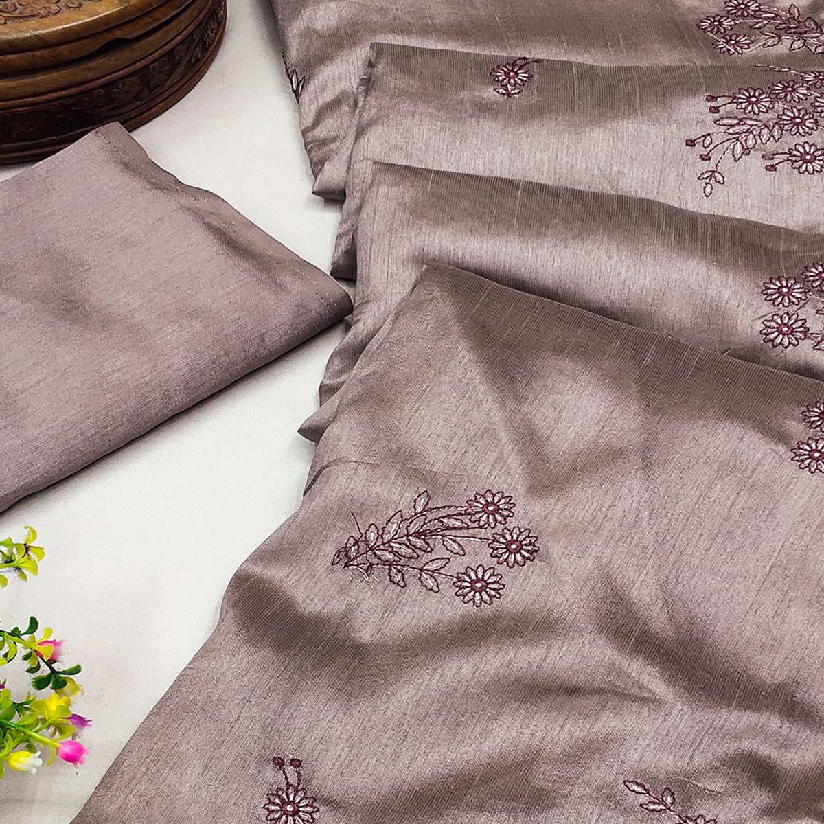 Brown Floral Embroidered Art Silk Saree With Tassels