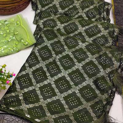 Mehendi Green Foil Printed Chiffon Saree