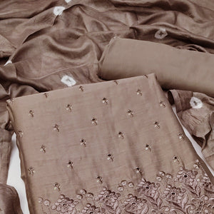 Brown Embroidered Cotton Blend Dress Material