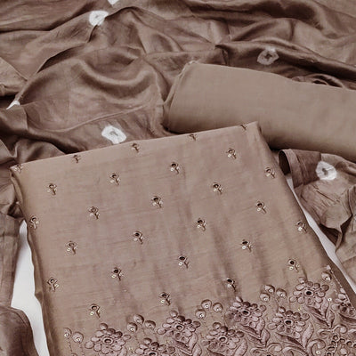 Brown Embroidered Cotton Blend Dress Material