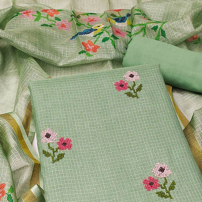 green-floral-embroidered-kota-doria-dress-material-3