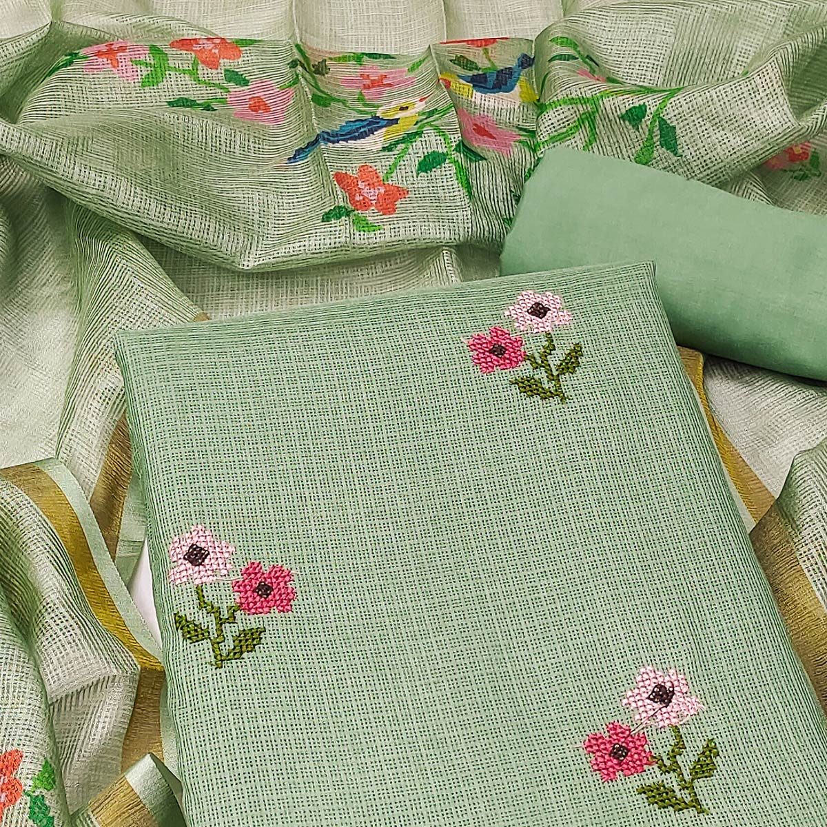 green-floral-embroidered-kota-doria-dress-material-3