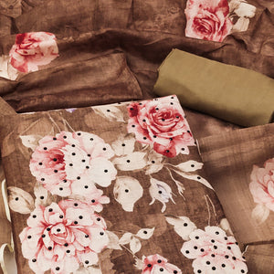 Brown Floral Printed Chanderi Dress Material