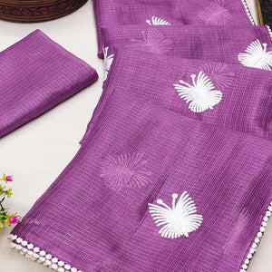 Light Purple Embroidered Kota Doria Saree
