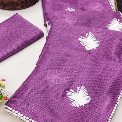 Light Purple Embroidered Kota Doria Saree
