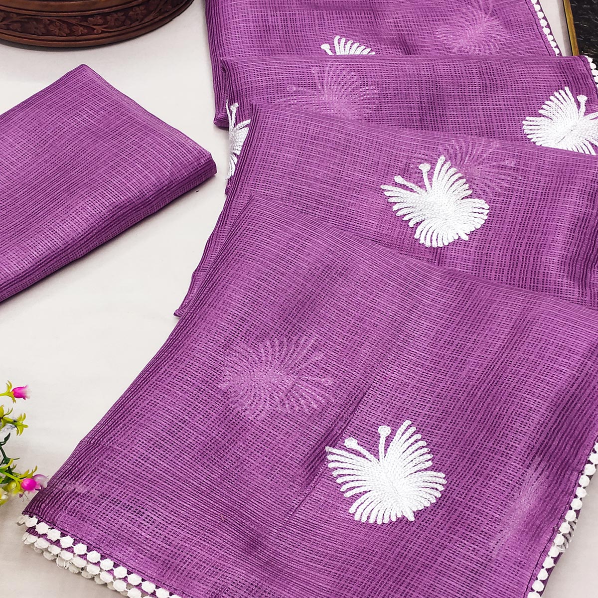 Light Purple Embroidered Kota Doria Saree