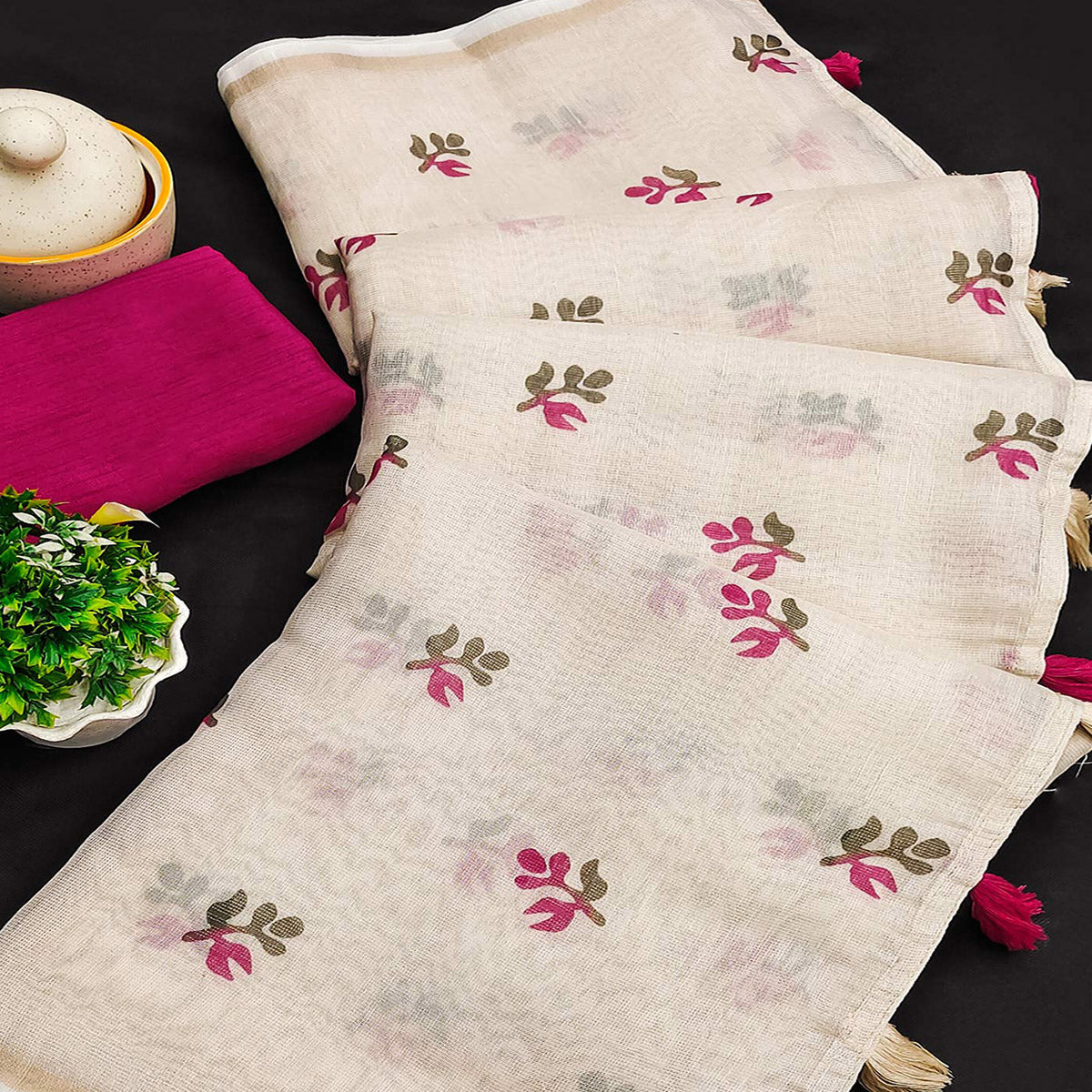 Cream & Pink Floral Printed Cotton Silk Saree With Tassels