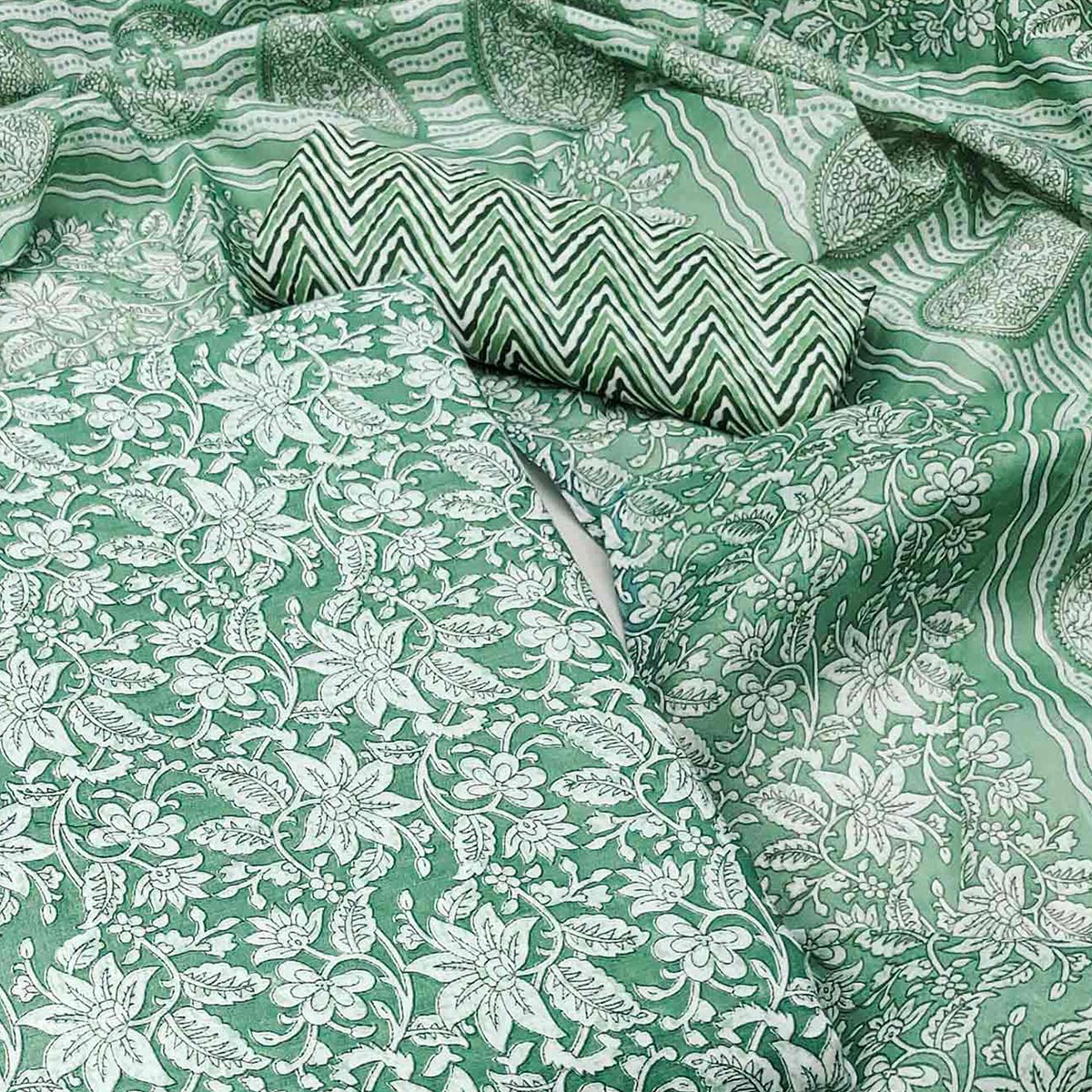 Dark Green Floral Printed Pure Cotton Dress Material