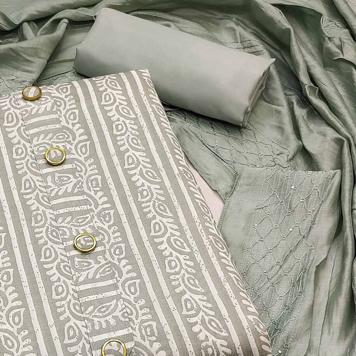 Grey Printed Pure Cotton Dress Material